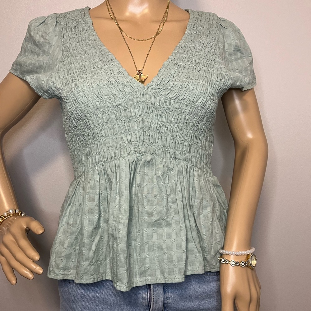 American Eagle Outfitters Y2K Light Green Smocked Babydoll Flowy Blouse